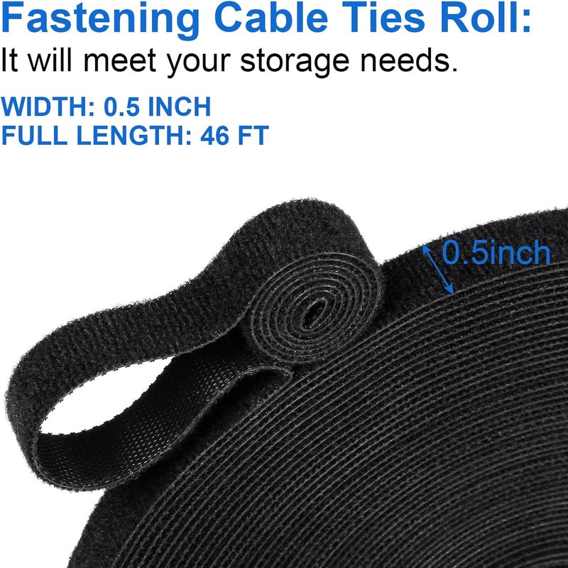 Oneleaf 46ft x 1/2inch Fastening Cable Ties Roll, Reusable Self-Gripping Strips, Double Sided Hook and Loop Tape Cable Management, Cut to Length Straps, Black Heavy Duty Wire Management - Image 3